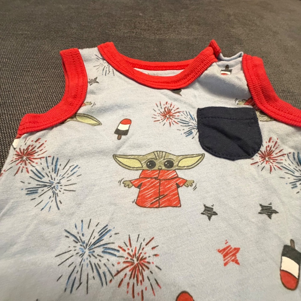 Star Wars Baby Yoda Grogu‎ Patriotic 4th of July Romper 0-3M Blue Red Sleeveless - Picture 2 of 4